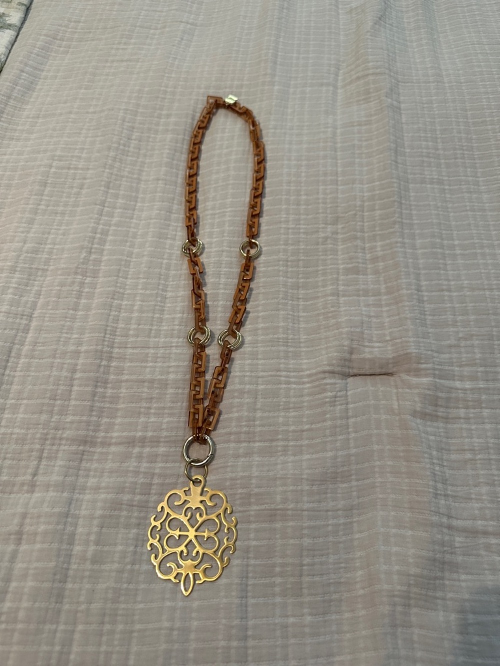 Gold Filigree Pendant Necklace with Brown Link Chain